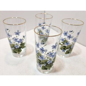 Vtg West Virginia Glass Co Gold Rim Violets Glasses Set of 4 Mid Century Modern